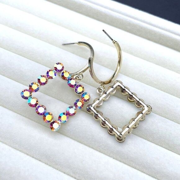 Yellow Gold with Iridescent AB Crystal Dangling Square and Hoop Post Earrings - Picture 8 of 10